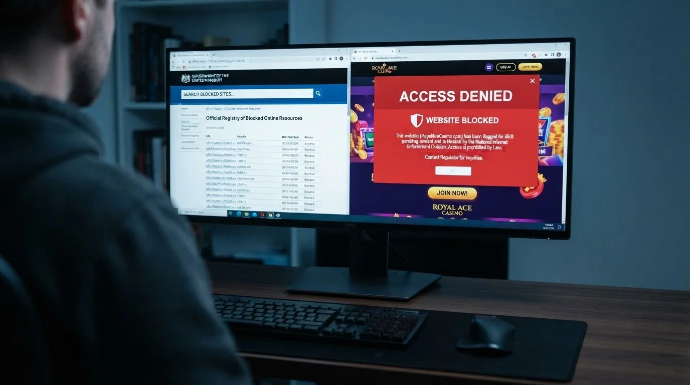 A desktop display showing the ACMA website's blocked-sites register page beside a casino landing page with a DNS-block warning overlay, the contrast between the two screens making the enforcement visible