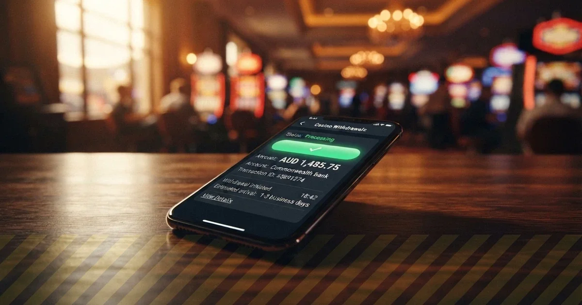 A smartphone screen showing an Australian online casino withdrawal interface with a pending transaction status and the casino lobby visible behind it, overlaid with a subtle warning-stripe pattern