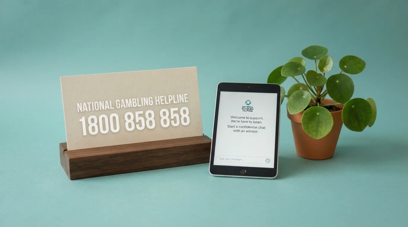 A clean, calm frame showing the National Gambling Helpline number (1800 858 858) and the BetStop and Gambling Help Online logos on a supportive teal background