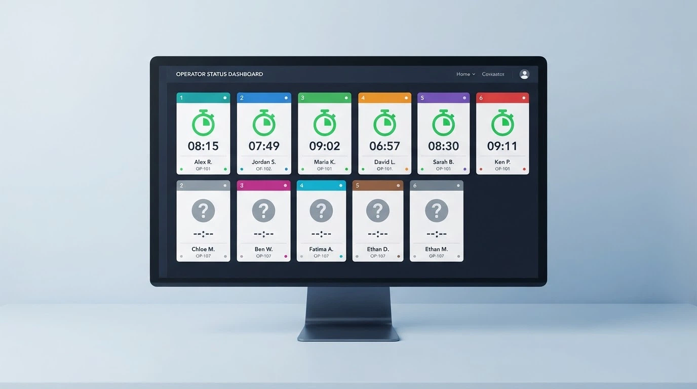 A comparison dashboard showing six casino operator cards with a green stopwatch icon and verified time, and four with a grey question-mark icon and no time displayed