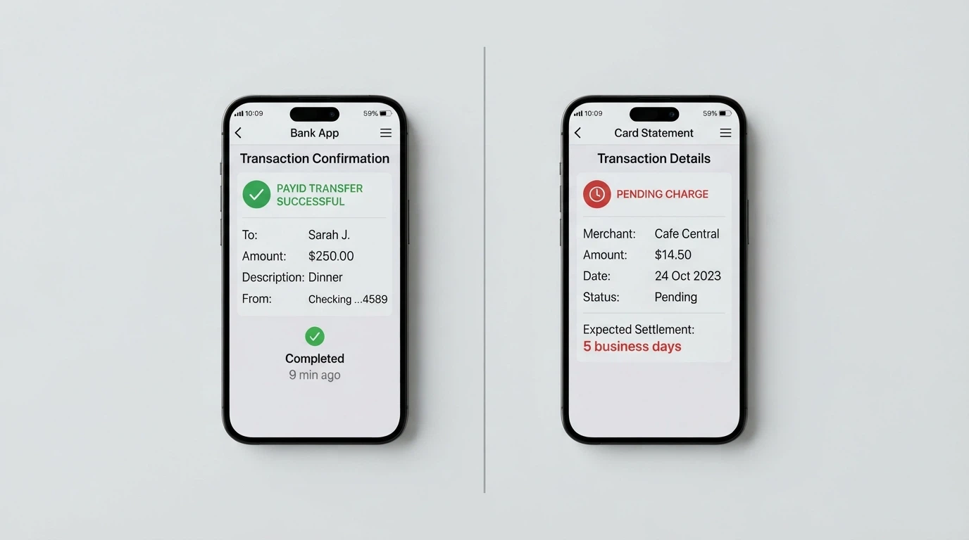 A side-by-side visual of a bank app showing a PayID transaction clearing in real time next to a card statement showing a 5-business-day pending charge