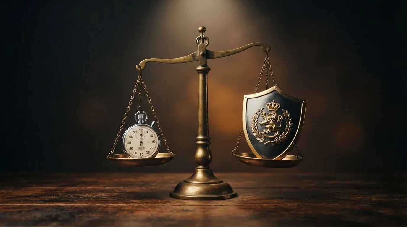 A pair of scales — one side holding a stopwatch (speed), the other holding a shield with the AU coat of arms (protection) — the shield side visibly heavier